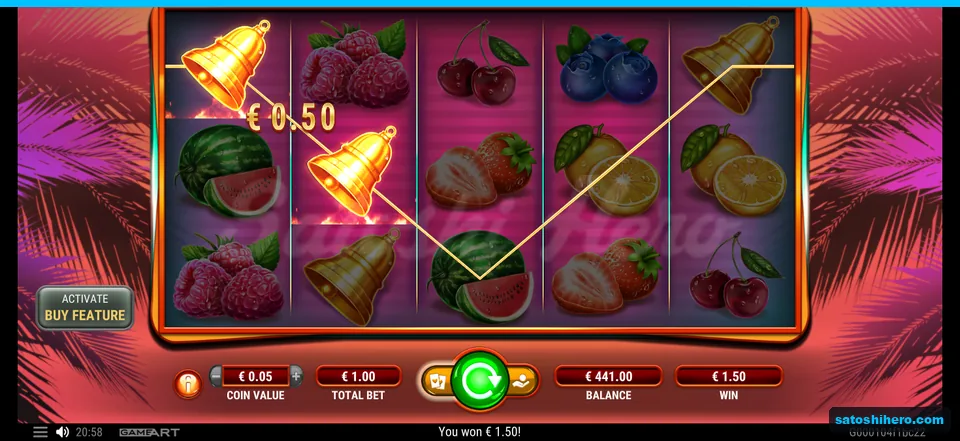 $1.50 win shown with golden bells on a highlighted payline