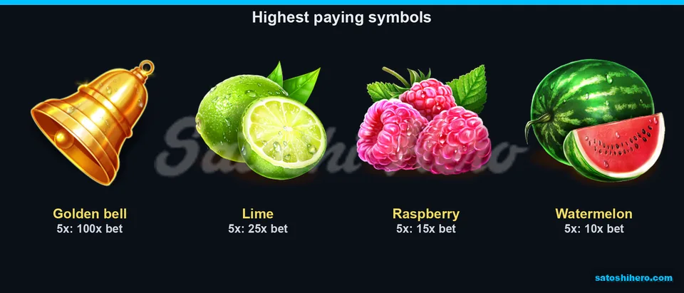 100x bell value shown beside lime, raspberry, and watermelon pays