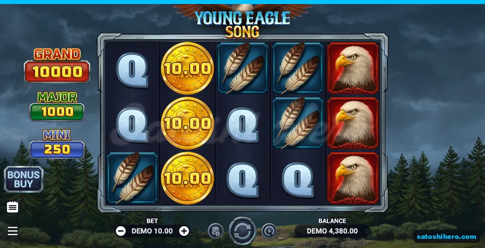 Three gold coins settled beside feathers and Eagle heads
