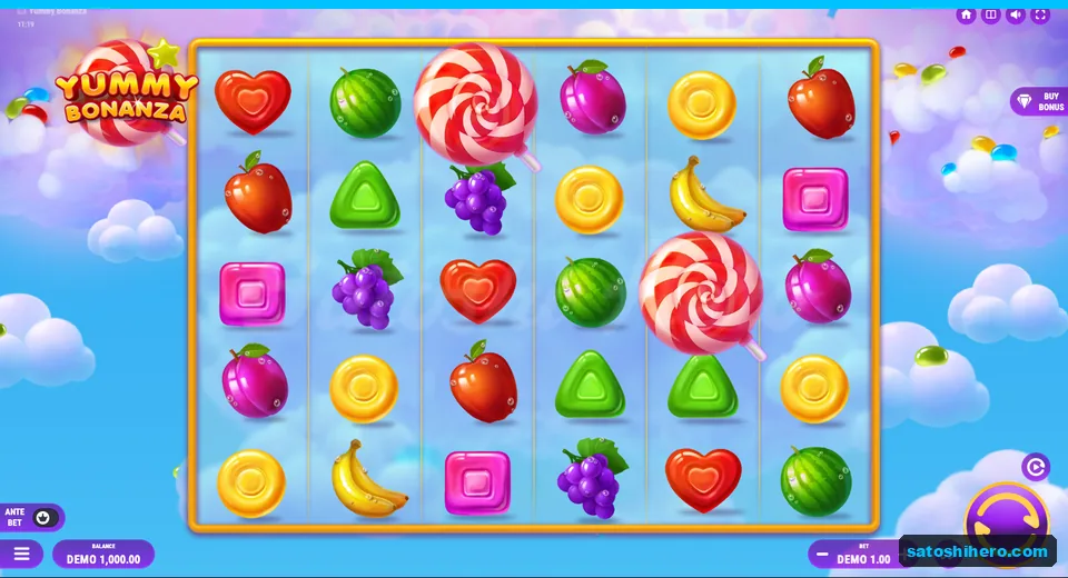 Base game panel showing fruit, candies and two lollipop scatters