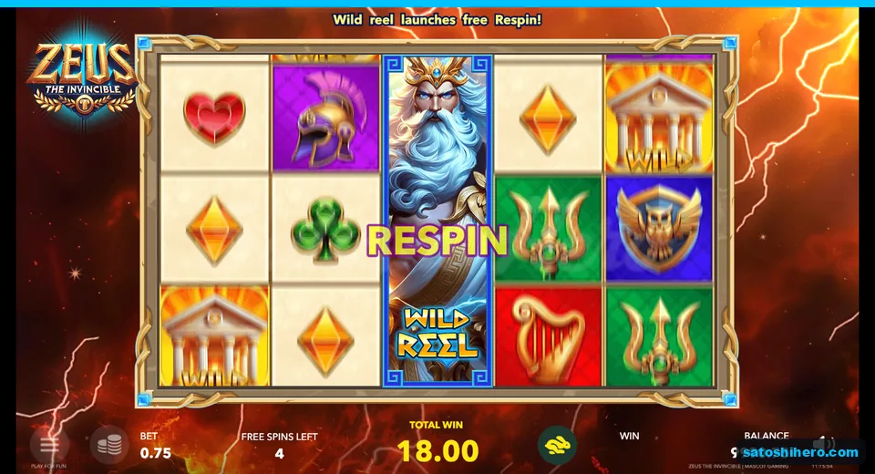 Tall Zeus Wild reel during Respin with 18.00 won