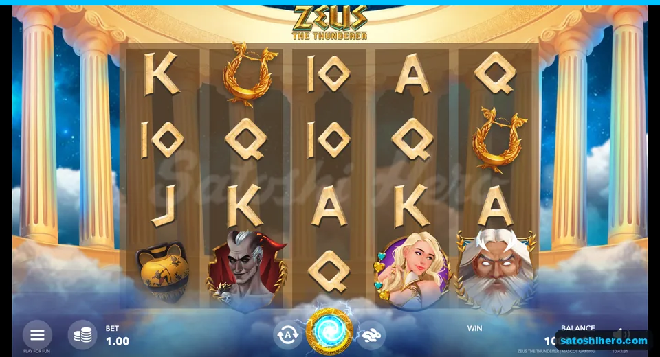Five-by-four reels framed by marble columns and Greek symbols